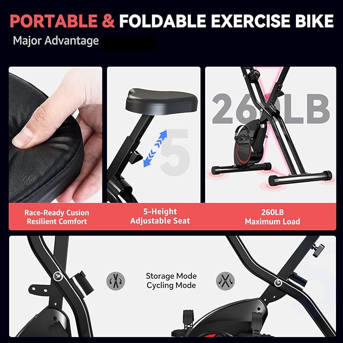 Foldable Exercise Bike for Small Apartments, Stationary Bikes for Home, Indoor Portable Cycling Bike with 16-Level Magnetic Resistance, 260LBS Capacity, 5.5 LBS Flywheel, for Small Space Workout 816
