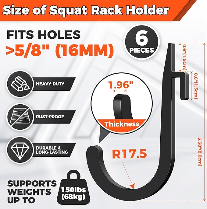 6 PCS J Hooks for Squat Rack,Power Rack Attachments for Home Gym Storage,Portale Squat Rack Accessories, Storage Hook Holder for Resistance Bands, Barbell Collars and Gym Accessories