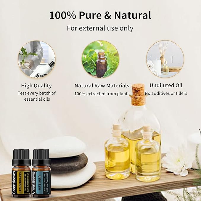 GREENSLEEVES Vetiver and Lemongrass Essential Oil Set, 2 x 10ml Pure Plant-Based Fragrance Oil for Aromatherapy, Essential Oils for Diffuser, Massage, Bath Bomb, Scented Candle Soap Making