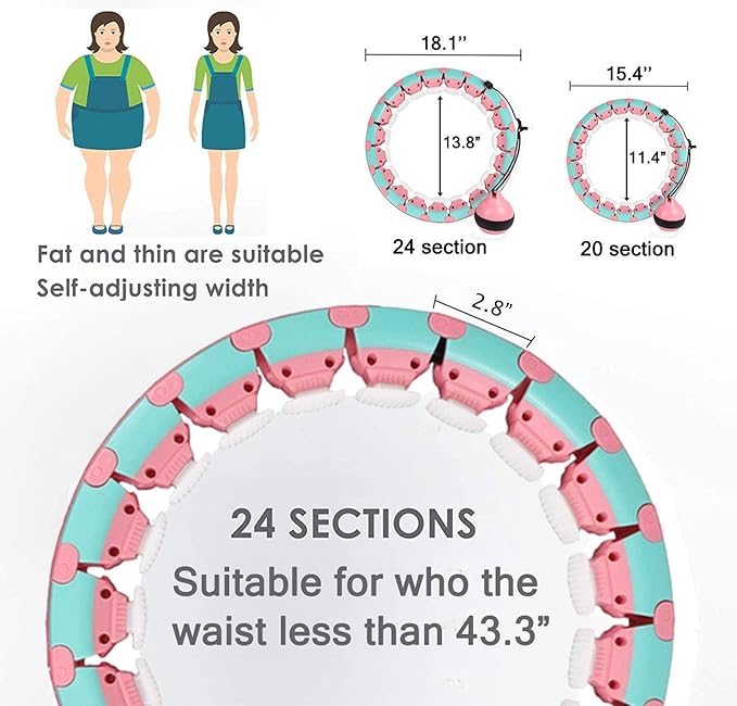 Weighted Smart Hoop for Adults and Kids Exercising, Adjustable Auto-Spinning Fitness Hoop,Pink,24 Sections