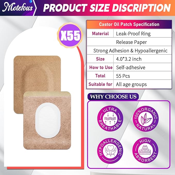 Castor Oil Pack Wrap Patch - Organic Cotton Castor Oil Belly Button Patch, Disposable Self-Adhesive Abdominal Pads, Portable Anti Leakage High Absorbent Pads for Multi-Area Use 55 PCS