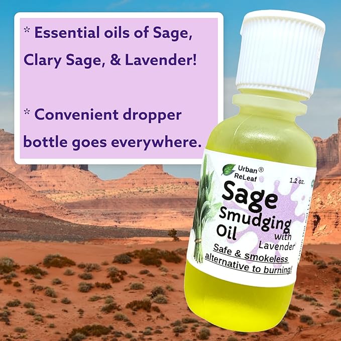 Urban ReLeaf Sage Smudging Oil 1.2 oz with Lavender! Cleansing Energy, Clear Anoint Bless Protection. Smokeless Alternative. Massage, 100% Natural Vegan, Made in USA