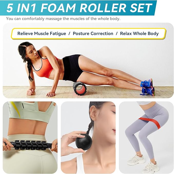 5-in-1 Foam Roller Set - Deep Tissue Muscle Recovery Kit with High Density Exercise Roller, Massage Ball, Resistance Band & Carry Bag for Physical Therapy & Pain Relief (Black)
