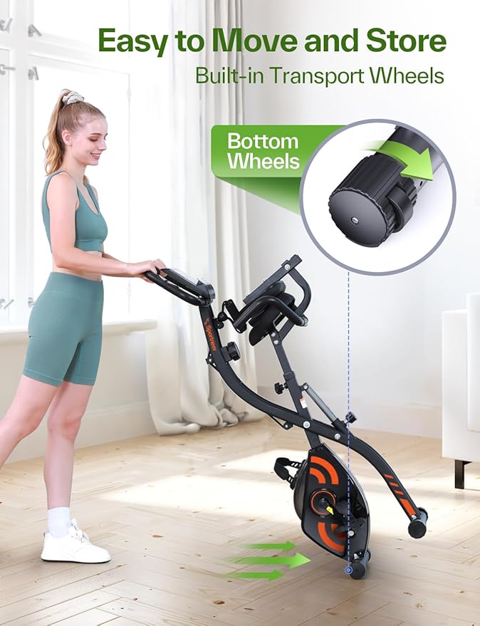 Sportneer Foldable Exercise Bike Stationary Bike, 4 in 1 Indoor Cycling Bike with 16 Level Magnetic Resistance Training Bike with Arm Resistance Band PVC Floor Mat Fitness Bike for Home Gym Workout