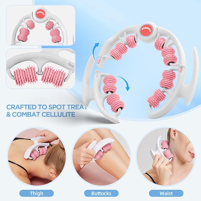 Cellulite Massage Tool - Lymphatic Drainage Massager - Muscle Roller, Deep Fascia Massage, Dimpled Skin Removal, Legs/Thighs/Buttocks, Anti-Cellulite Roller, Smooth Skin, Pain Relief (Pink)