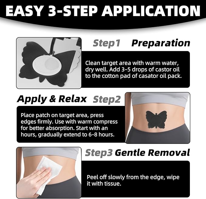 30Pcs Castor Oil Patch for Belly Button, Butterfly Shape Castor Oil Pack Belly Button Patches with Cotton Pad Built-in for Stomach Hand Self Adhesive