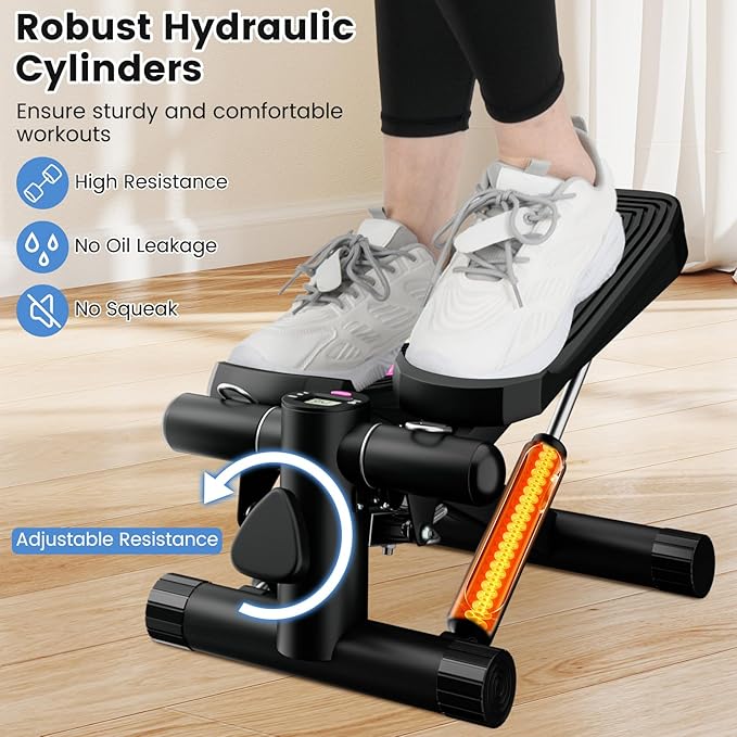 Mini Stair Steppers for Exercise at Home, Hydraulic Step Climber Machine with Resistance Bands & LCD Monitor, Portable Under Desk Stepper for Full Body Cardio Workout