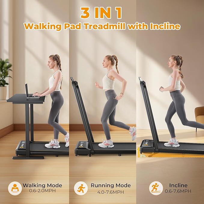 Walking Pad Treadmill, 3 in 1 Foldable Under Desk Treadmills for Home Office, Small Walking Pad with Incline Handle Bar, 300lbs Capacity 2.5HP Portable Running Machine with APP Remote Control