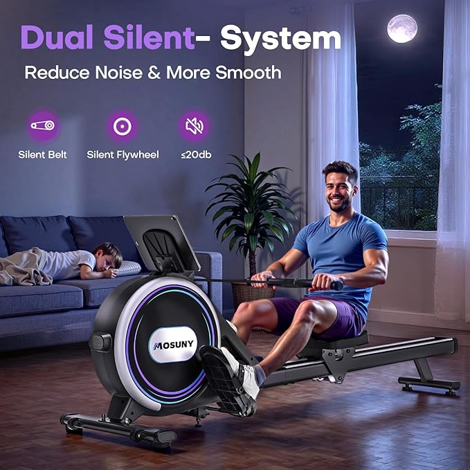 Rowing Machines for Home, 32-Level Adjustable Resistance, Magnetic Rowing Machine with App Supported, 400 LB Weight Capacity, Upgraded Dual Slide Rails with LCD Data Display Screen