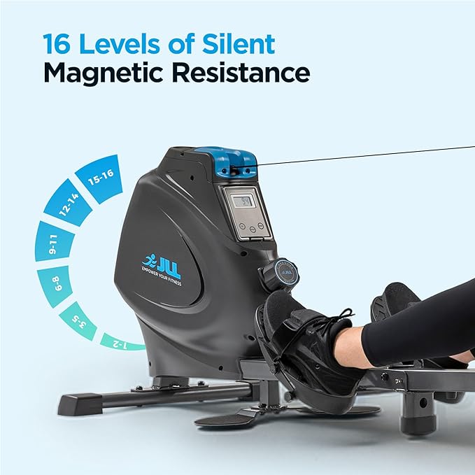 JLL Magnetic Rowing Machine – Foldable Rower for Apartments & Home Gyms, 16 Resistance Levels, Bluetooth with SunnyFit App, Easy-Glide Wheels, Tilt-to-Store Upright Design