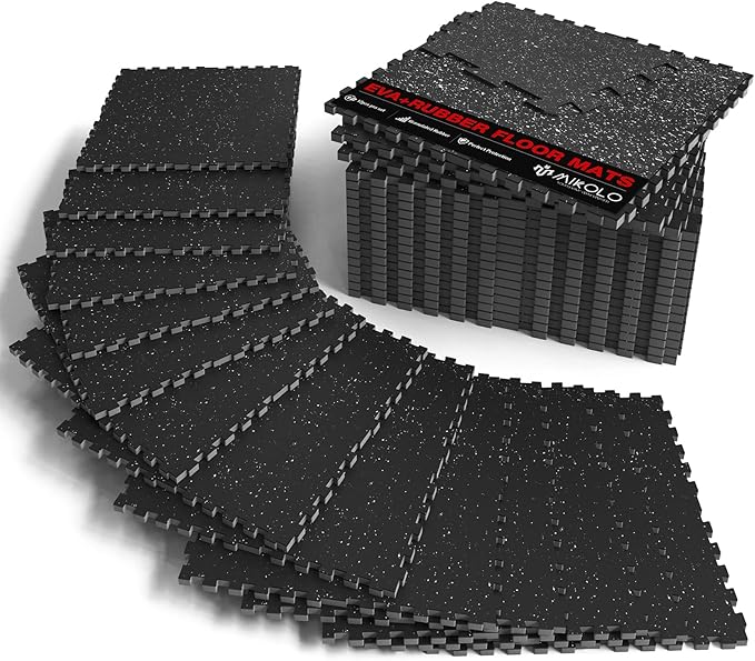 Mikolo 0.56'' Thick 12 Pcs 48 Sq Ft Gym Flooring Mats, High-Density EVA Foam with Rubber Top, Interlocking Exercise Equipment Mats for Home Gym, Protective Workout Mat