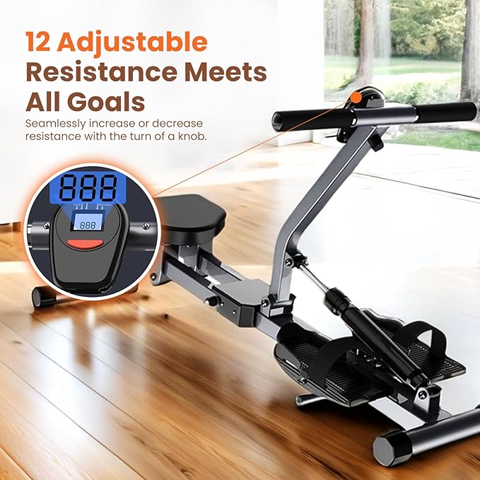 Rowing Machine, Compact Adjustable Rowing Machine 12 Levels of Complete Body Workout Resistance for Home, Low-Impact