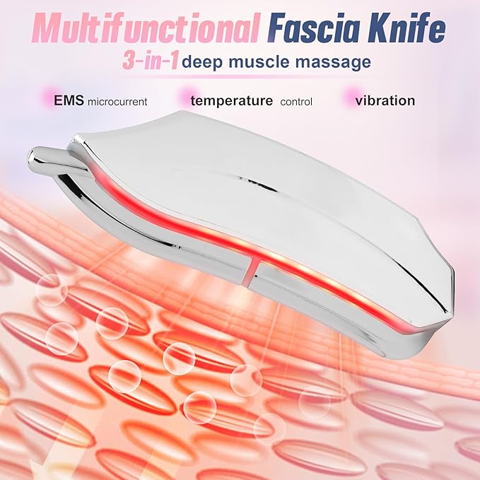 Heated Muscle Scraper, Electric Fascial Knife for Deep Tissue Massage with Heat, Vibration and Microcurrent, Portable Muscle Scraper Tool(Silver), Gua Sha Tool Gift for Athletes, Workers