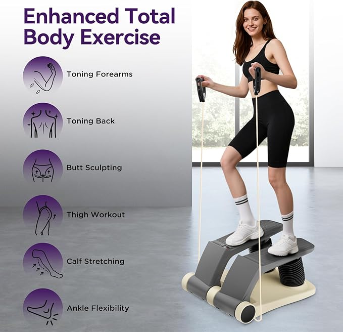 Air Stepper Exercise Machine with Resistance Bands, Stair Stepper with LCD Monitor, Adjustable Resistance Cardio Trainer for Home Workout, Compact Fitness Equipment, 300 lbs Weight Capacity
