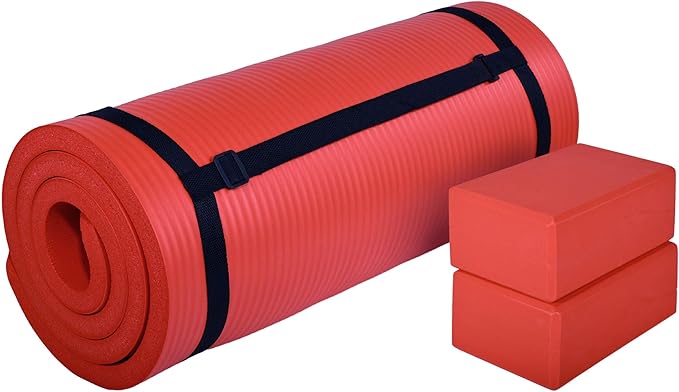 BalanceFrom 71x24 Inches Yoga Mat with Knee Pad and Optional Blocks – Extra 1-Inch Thick Non-Slip Foam with Anti-Tear Surface and Carrying Strap for Home, Studio, or Gym Workouts