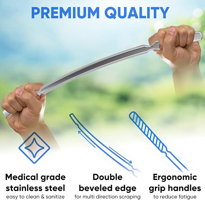 Crescent Bar Muscle Scraper Tool – 304 Stainless Steel Wide IASTM & Bodywork Scraping Instrument with Dual-Hand Grip for Larger Muscle Groups, Ergonomic Shape for Massage Techniques