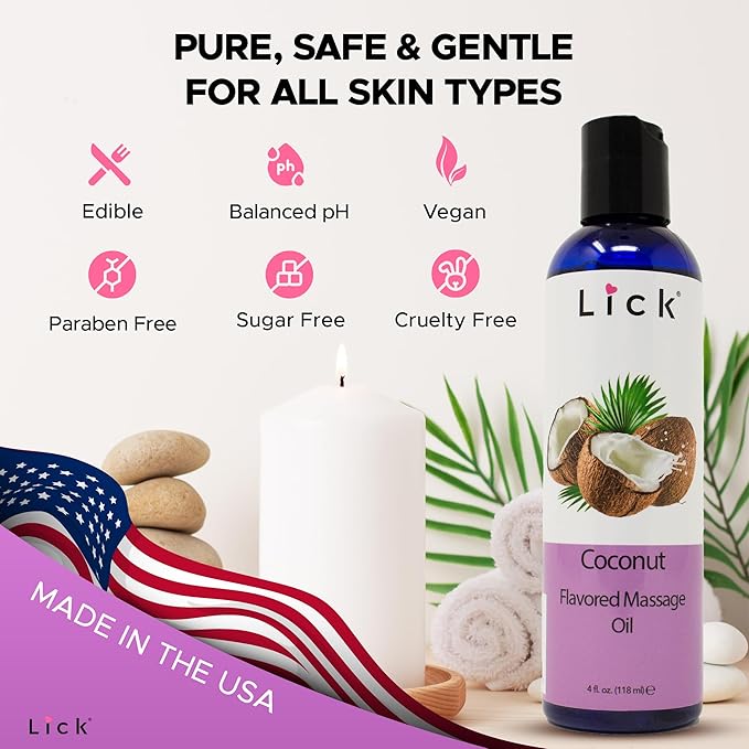 Lick Coconut Flavored Massage Oil – Tropical Edible Massage Oil with Sweet Almond Oil & Vitamin E, Hydrating Body-Safe Formula for Relaxing Couples Massage, 4 oz
