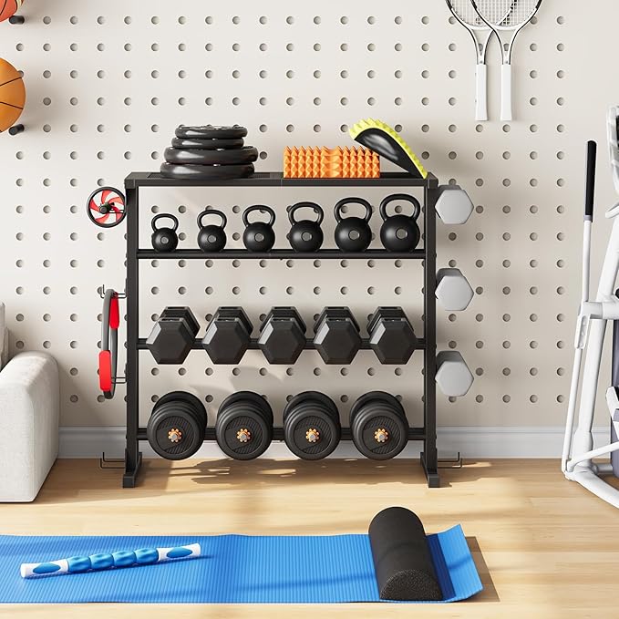 HOOBRO 4-Tier Dumbbell Rack, Weight Rack Heavy-Duty Weight Stand with Non-Slip Floor Protection & Side Hooks, Multi-Tier Storage Organizer for Home and Professional Gym Use, Black BK87CJ01N1