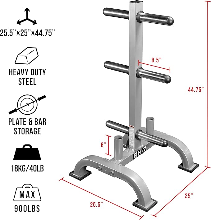 Valor Fitness Weight Plate Rack with Barbell Holders – Heavy-Duty Steel Storage Tree with 6 Pegs and 2 Vertical Bar Sleeves for Standard and Olympic Plates – 800 lb Capacity for Home & Garage Gyms