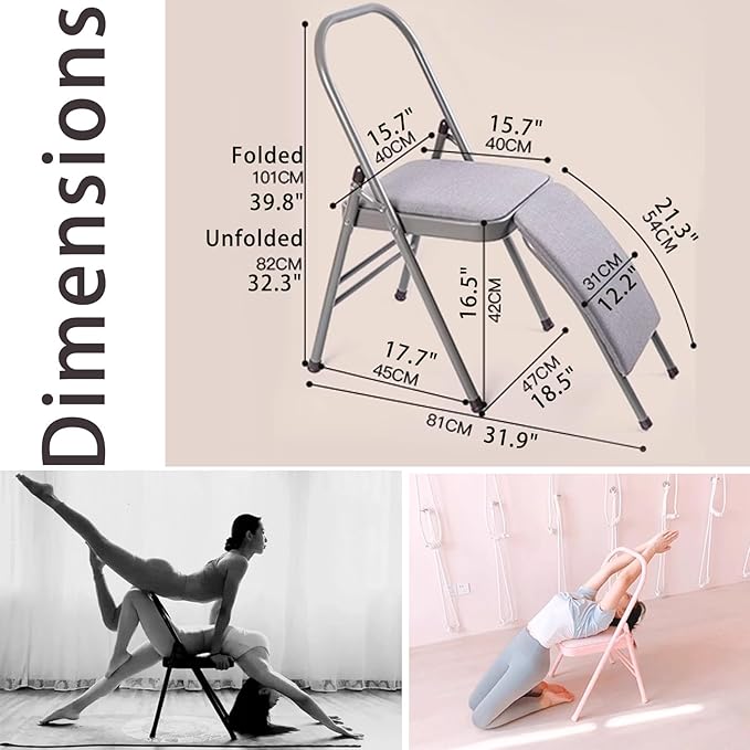 Foldable Yoga Auxiliary Chair for Adults Yoga Chair with Lumbar Support Metal Steel Frame 330 lbs Capacity YogaAuxiliaryChair for Balance Handstand Training Back Pain Relieving(Pink)
