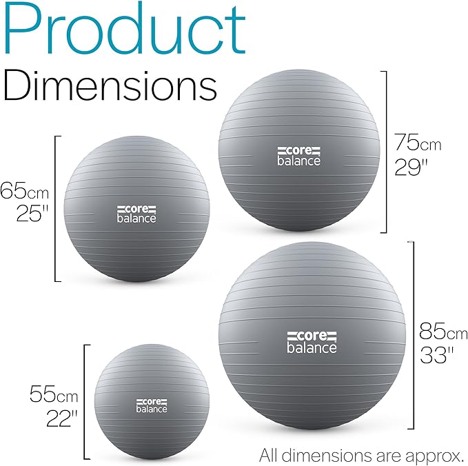 Core Balance Exercise Ball, Stability Ball for Yoga, Pilates and Fitness, Gym Ball for Home Gym and Office Chair, Training, Physical Therapy, Anti Burst, Pump Included, 55cm 65cm 75cm 85cm