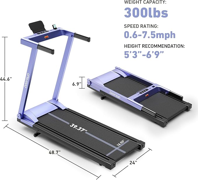 DeerRun Foldable Treadmill for Home with 6% Manual Incline & Handlebar, Compact Folding Walking Pad Treadmill for Walking, Jogging & Running, 0.6-7.5 MPH, 300 lb Capacity, App & Remote Control