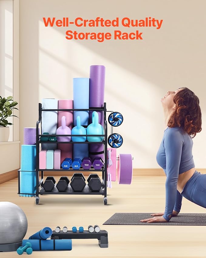 VEVOR Yoga Mat Storage Rack, Home Gym Workout Equipment Organizer, Powder Coated Finish Steel Yoga Mat Holder with Hooks & Wheels, Weight Rack for Dumbbell, Kettlebell, Foam Roller, and Yoga Strap