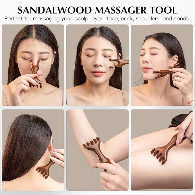 Manual Scalp Massager - Sandalwood Massager Tool for Scalp, Eye, Facial, Neck, Shoulder - Five Claw Gua Sha Comb for Men Women