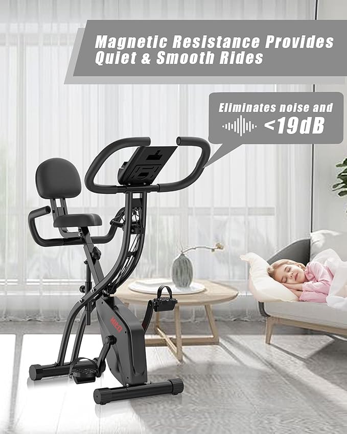 Folding Exercise Bike with Arm Resistance Bands, Magnetic Upright Indoor Cycling Bike Stationary for Home Gym & Cardio Workout