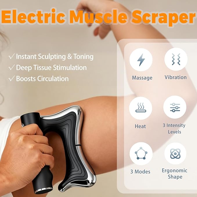 Electric Muscle Scraper Tool with Vibration,Massage& Heat, Portable Gua Sha Massager for Full Body Muscle Recovery, Relaxation, and Pain Relief (Black)