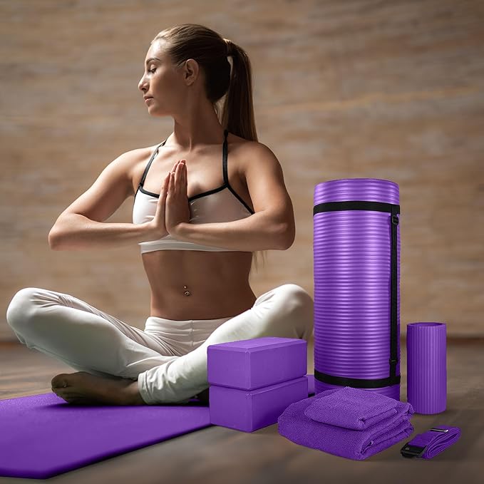 BalanceFrom 7-Piece Yoga Set with 71x24x1 Inches Extra Thick Mat and Carrying Sling – Includes 2 Blocks, Stretch Strap, 2 Towels, and Knee Pad for Home, Studio, and Gym Workouts