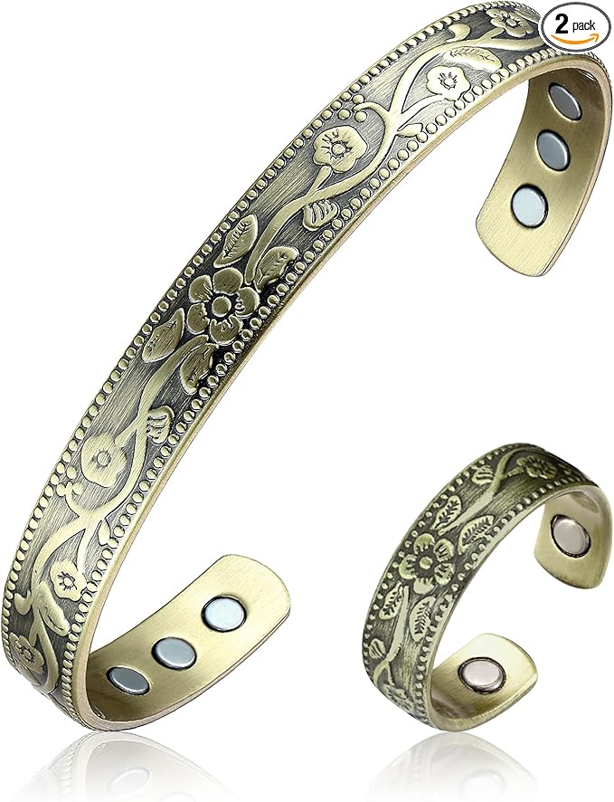BioMag Copper Bracelet & Ring for Women, 99.99% Pure Copper Magnetic Bracelet Lymphatic Drainage Rings with 3500 Gauss Magnets, Adjustable & Flower Pattern (Antique Bronze Tone)