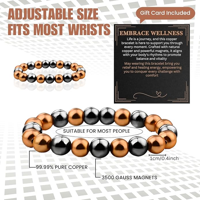 Copper Bracelet for Men and Women, Strength Mens Magnetic Copper Bracelets with 3,800 Gauss Magnets, 99.99% Pure Solid Copper, Handmade Copper Jewelry Gift