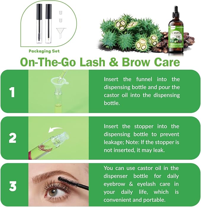 20 Pcs Castor Oil Patches with Organic Cold-Pressed Castor Oil (2.03oz) in Glass Bottle, Cotton Pack for Joints & Belly, Self-Adhesive & Disposable - Bonus Eyelash Care Kit