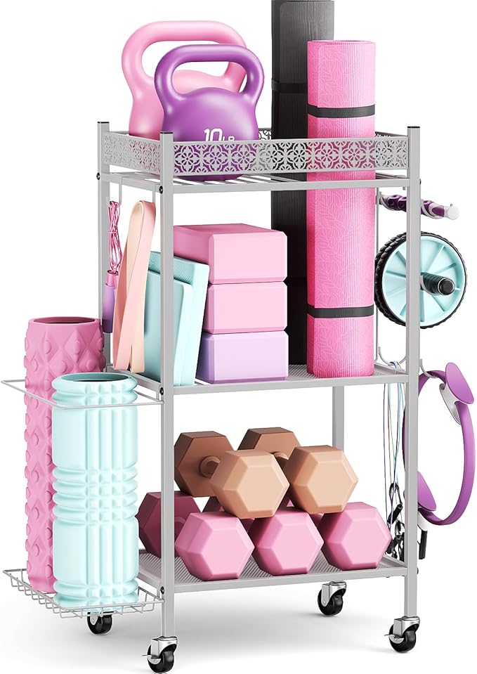 Yoga Mat Storage Rack, Home Gym Storage Rack, VOPEAK Workout Storage for Yoga Mat, Foam Roller, Gym Organizer Gym Equipment Storage for Home Exercise and Fitness Gear