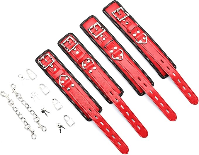 EXREIZST Expandable 2 Spreader Bar Set with Bag and 4 Premium Soft Pad Leather Straps with 2 Chains Adjustable Home Yoga Bar Kit, Black and Red