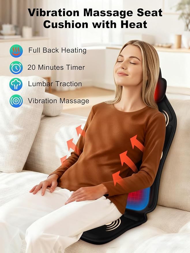 Vibration Back Massager for Chair with Heat, Massage Chair Heating Pad with Lumbar Traction, Seat Massager for Seniors, Office Workers & Family, Fatigue & Pain Relief in Office, Home Use