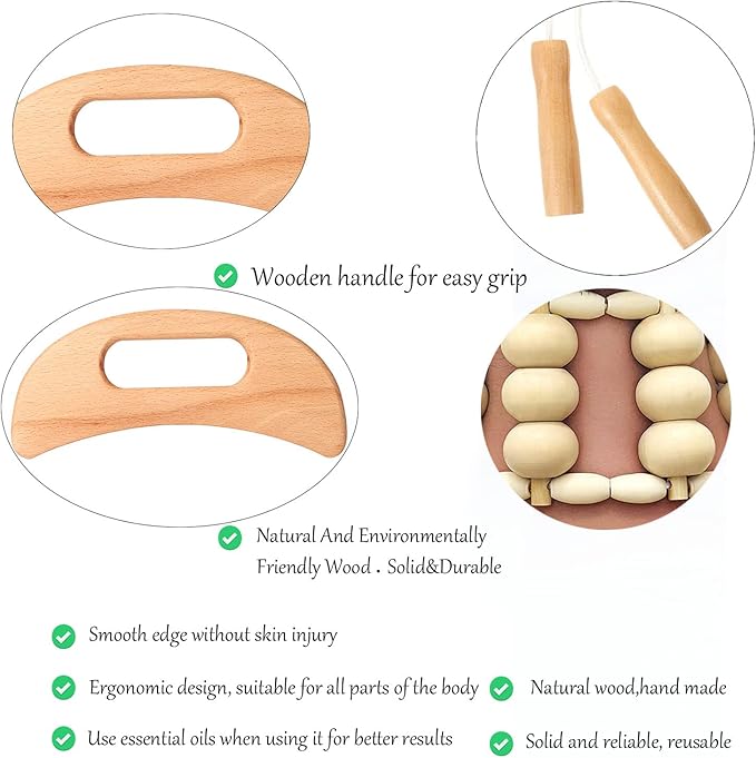 Wood Therapy Massage Tools，Handmade Wood Back Massage Roller Rope Tool,Maderoterapia Kit Body Sculpting Tools for Relax Muscles