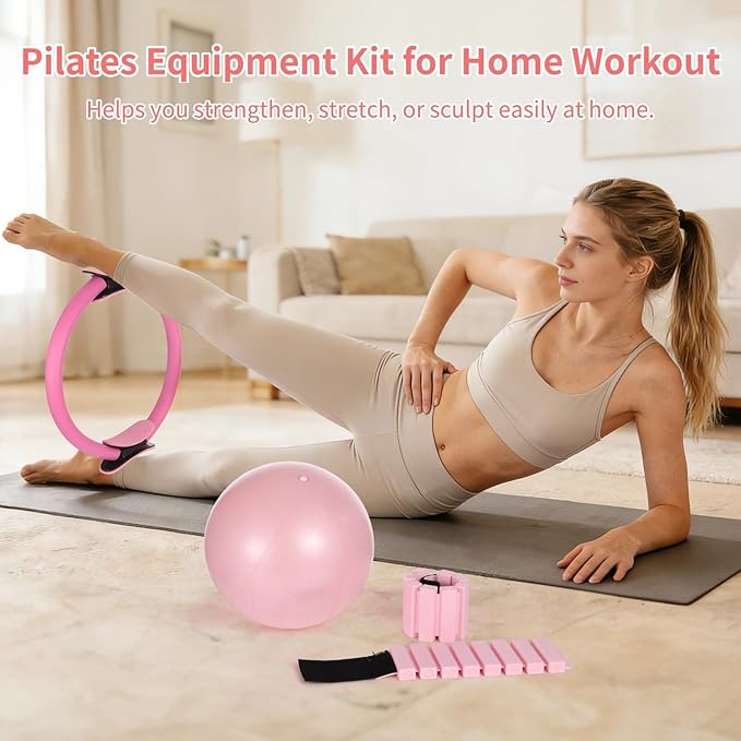 Home Workout Pilates Kit for Women, Including Pilates Ring Set, Pilates Ball, Ankle Wrist Weights, Resistance Bands, Yoga Full Body Training and Tape Measure