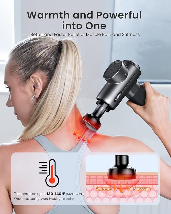 RENPHO Massage Gun with Heat, Portable Percussion Massager with Bluetooth for Back and Neck, Gifts for Men and Women, Carry Case, Active+ Thermal