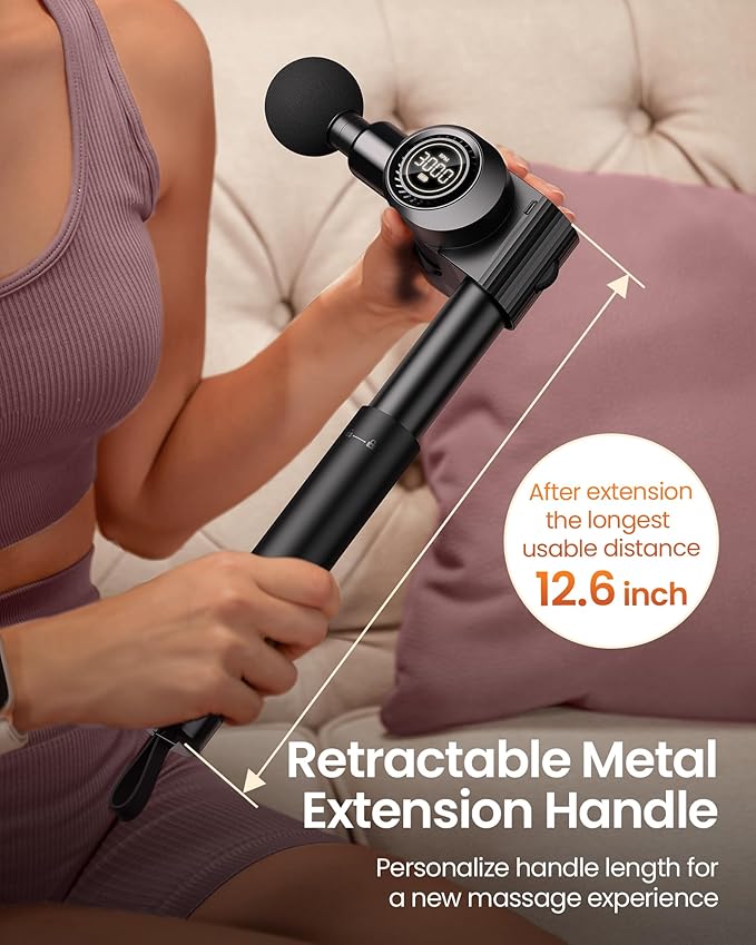 NAPRE Foldable Massage Gun with Extension Handle & 5 Adjustable Angles,Deep Tissue Back Massage for Neck/Body Pain Relief,Handheld Percussion Muscle Massager,32 Speeds,6 Heads & Silent,with Case