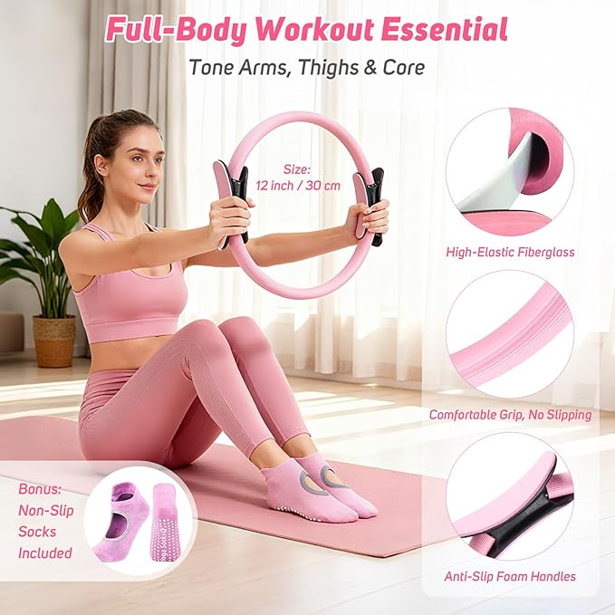 Asten Home Pilates Kit for Women: Pilates Equipment Pilates Ring and Ball Set with Resistance Bands, Core Slider, Foam Roller, Pilates Essentials Kit for Beginner Home Workout, Compact Toning Fitness