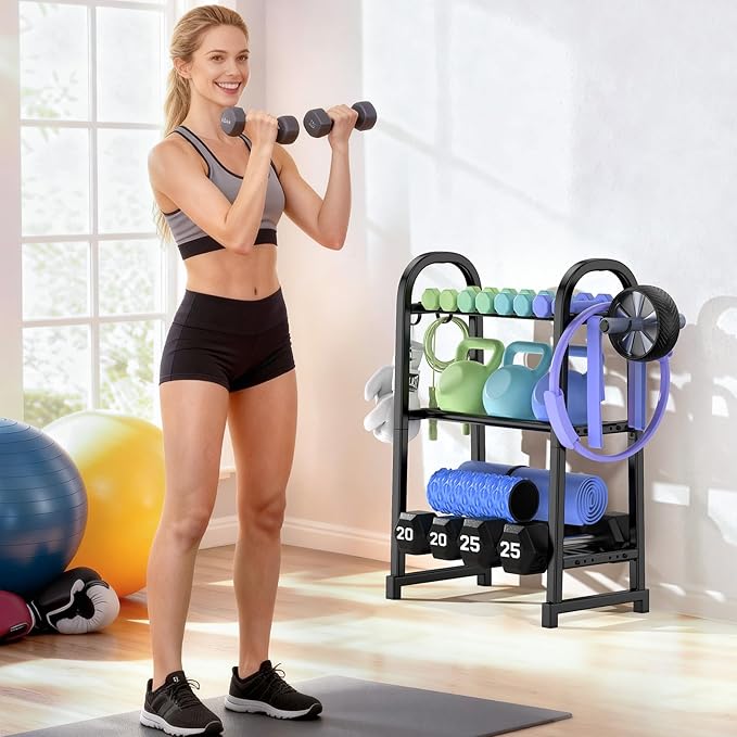 3 Tier Dumbble Rack - 360LB Capacity Adjustable Dumbbell Storage Rack Space-Saving Home Gym Weight Rack For Dumbbells And Kettlebells With Hooks (Dumbbell Rack Stand Only)