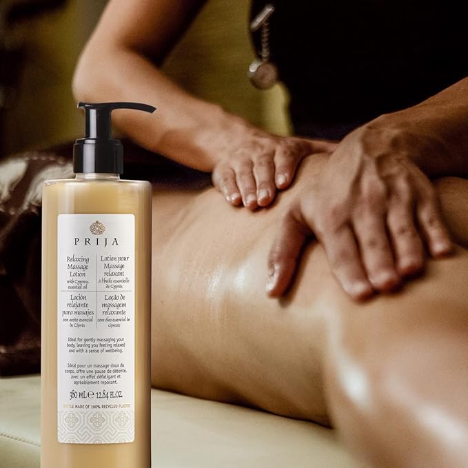 Prija Relaxing Massage Lotion formulated with Cypress Essential Oil (12.84 fl oz) - Relaxing and Moisturizing - Vegan Friendly - Dermatologically Tested - Made with 100% Recycled Bottle
