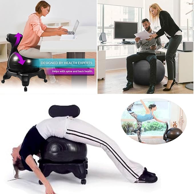 Sports Exercise Ball Chair with Included Hand Air Pump, Balance Ball Chair with Wheels and Back Support, Purple Yoga Ball Chair for Home and Office