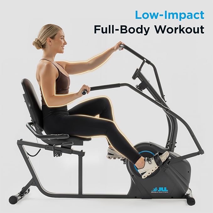 JLL Smart Cross Trainer Recumbent Exercise Bike with Arm Exercisers, 8-Level Magnetic Resistance Stationary Machine, LCD, Bluetooth Fit App, Home Workout Cardio Equipment, Seniors & Adults
