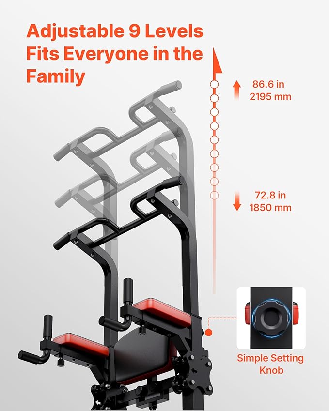 VEVOR Pull Up Bar, 330 LBS Power Tower Dip Station, Workout Dip Station with H-Shaped Stable Base & Assistance Platform, Adjustable 9 Level Height Pullup Stand for Back, 3-Level Adjustable Elbow Pads