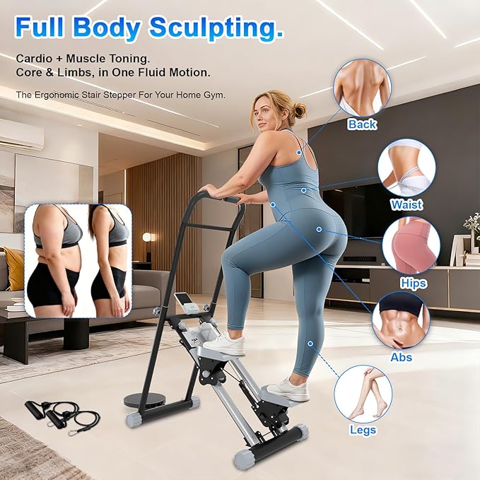 OVER SELF Stair Stepper at Home, Stair Stepper with Handlebar for Full-Body Workout, for Compact Folding Stair Climber with Adjustable Handlebar/Pedal, 350lbs Weight Capacity, Knee-Friendly