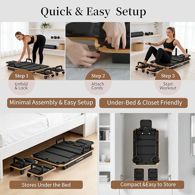 Pilates Board, Portable Pilates Reformer Board for Home, Full-Body Sliding Workout Board with Resistance Bands & Handles, Space-Saving, Up to 350 lbs