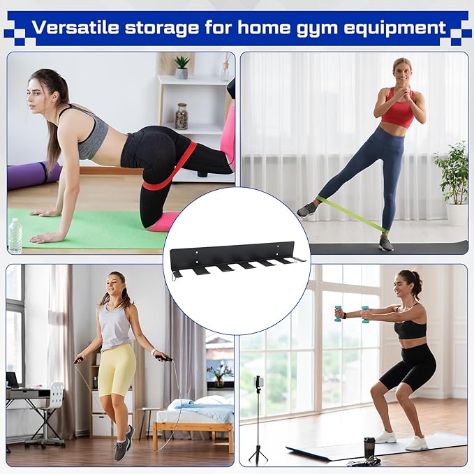 Sintuff Wall Mounted Dumbbell Rack, Heavy Duty Metal Home Gym Storage Organizer, 6 Dumbbell Slots and 2 Side Hooks, Holds Exercise Bands, Jump Ropes, Lifting Belts & Workout Accessories, Black